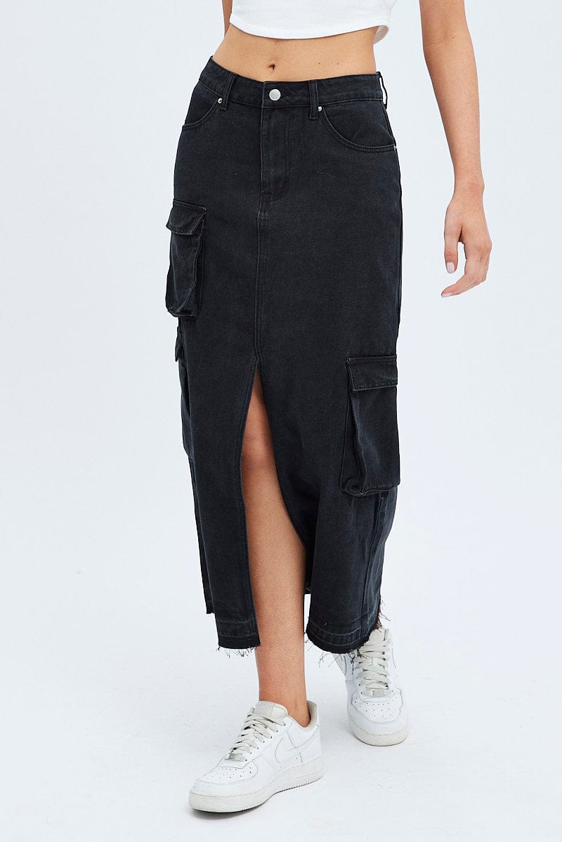 Black Denim Maxi Skirt Cargo for Ally Fashion