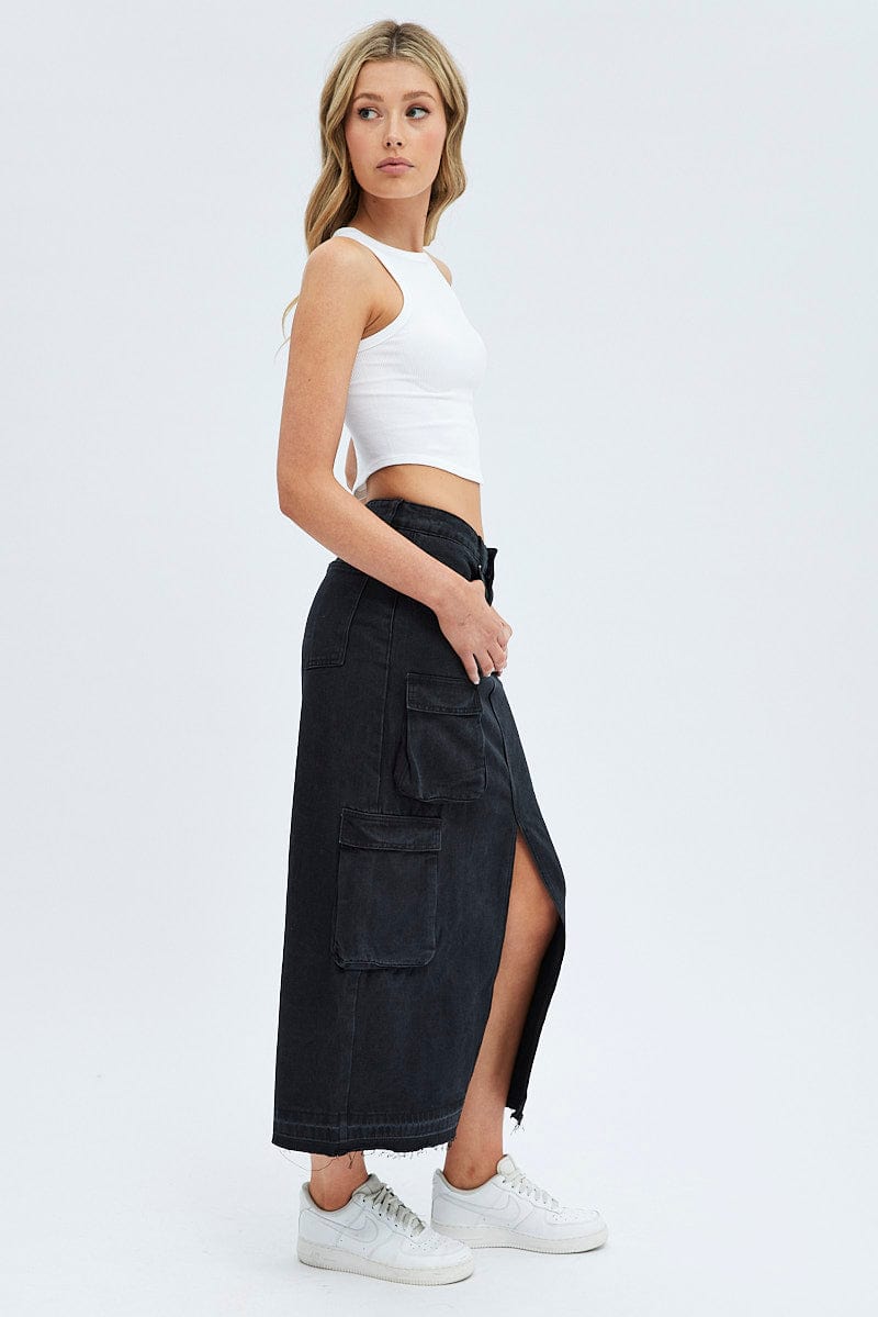 Black Denim Maxi Skirt Cargo for Ally Fashion