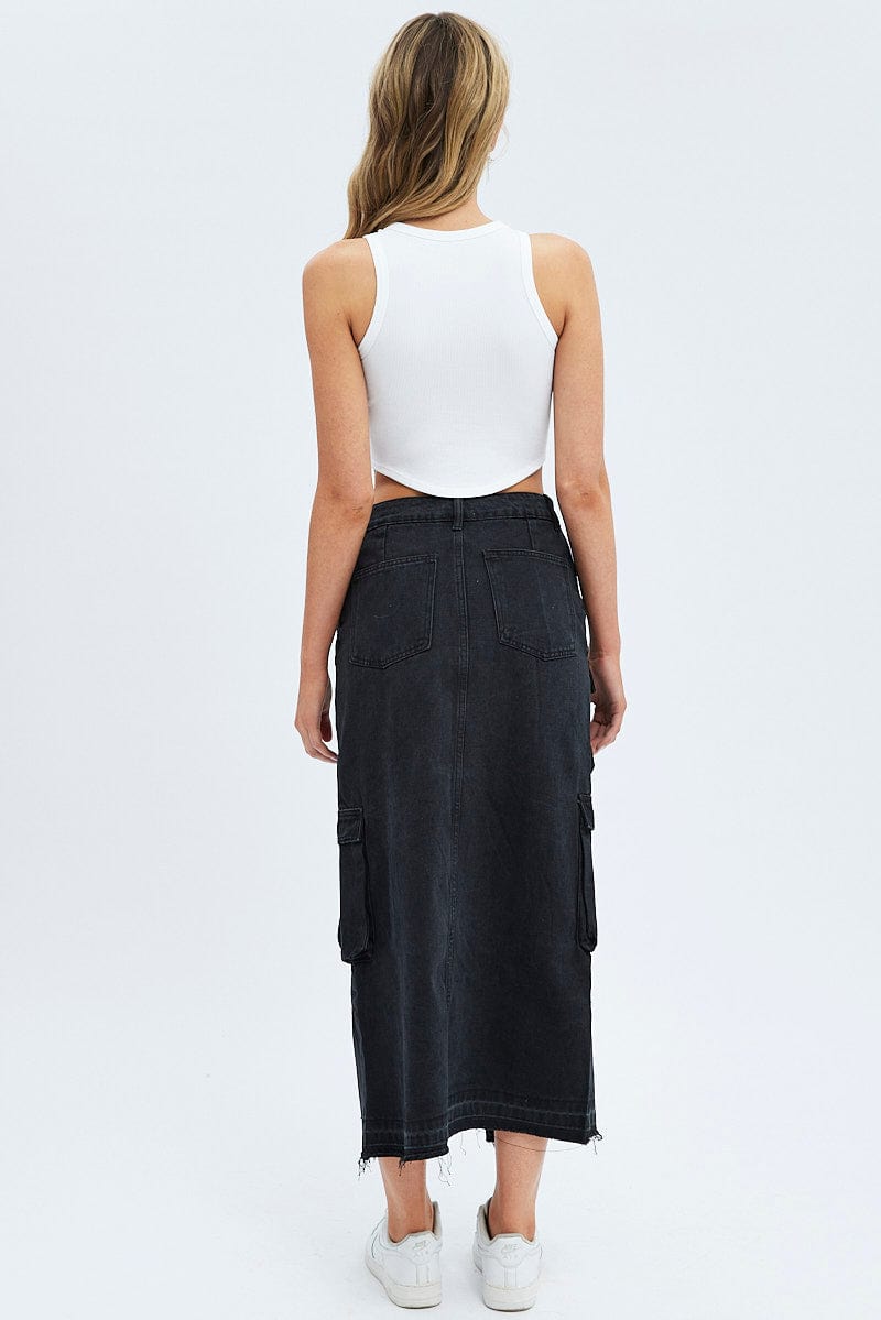 Black Denim Maxi Skirt Cargo for Ally Fashion