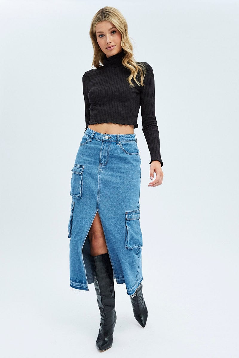 Blue Denim Maxi Skirt Cargo Ally Fashion - Main Image