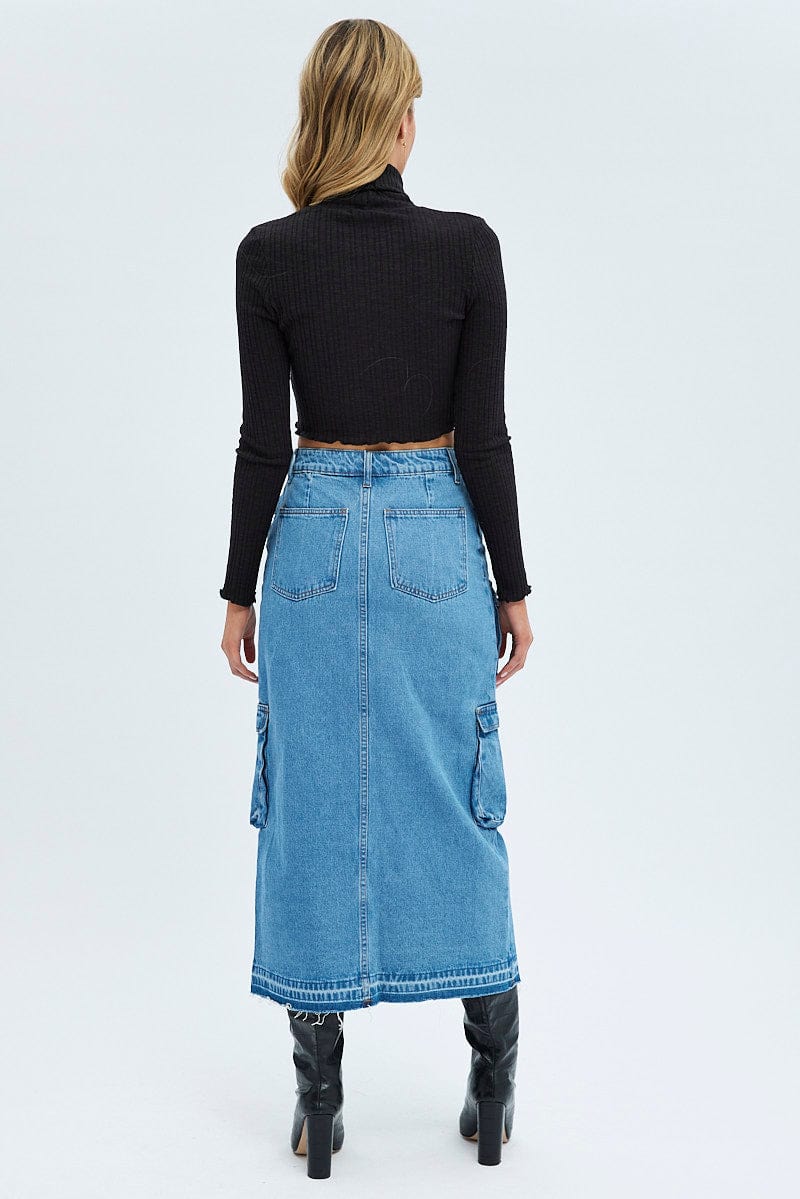 Blue Denim Maxi Skirt Cargo for Ally Fashion