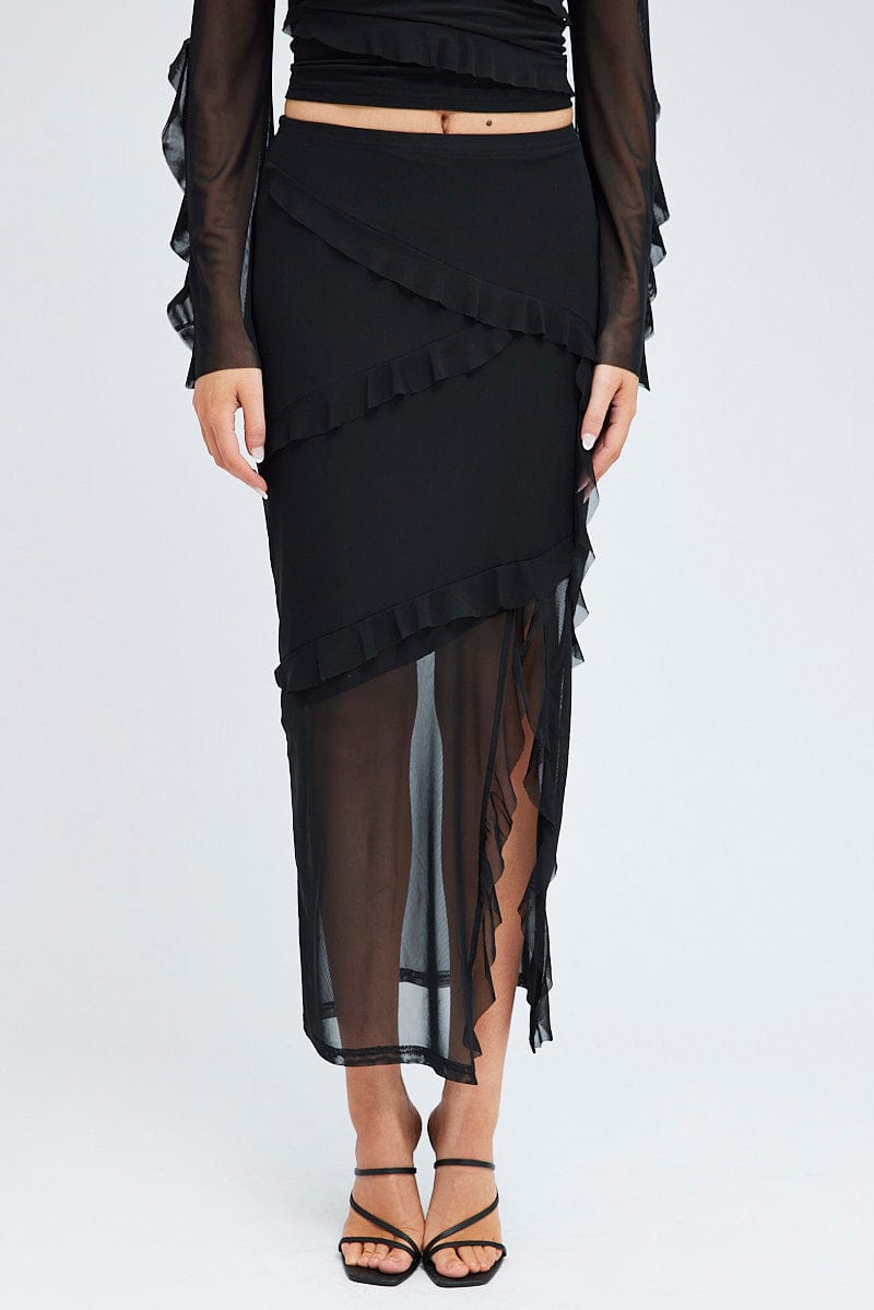 Black Maxi Skirt Ruffle Detail Mesh for Ally Fashion