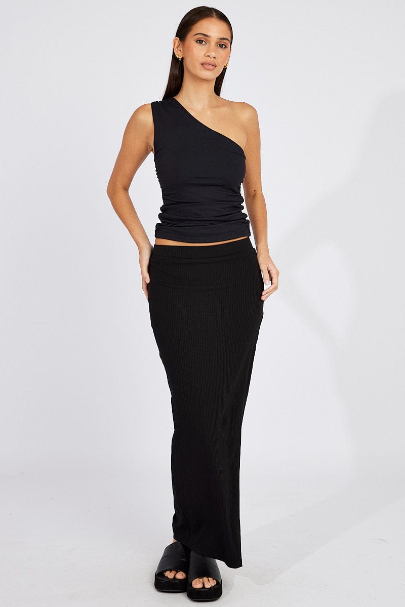 Black Midi Skirt High Rise Rib Jersey for Ally Fashion