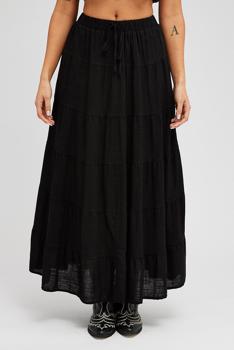 Black Maxi Skirt Tiered High Rise Linen Blend | Ally Fashion