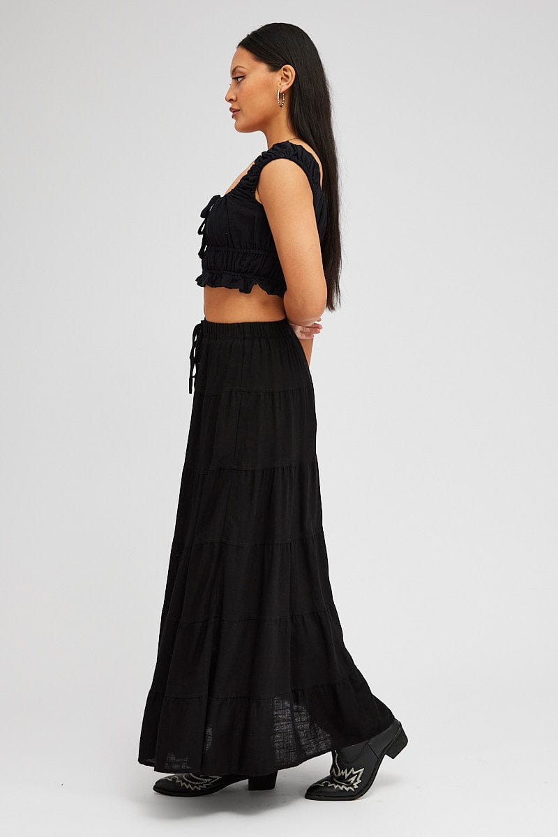 Black Maxi Skirt Tiered High Rise Linen Blend | Ally Fashion