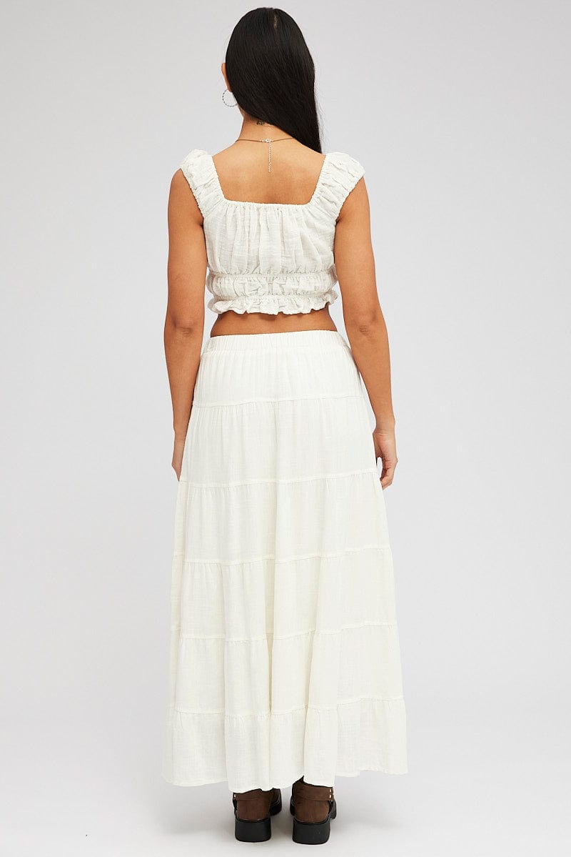 White Maxi Skirt Tiered High Rise Linen Blend for Ally Fashion