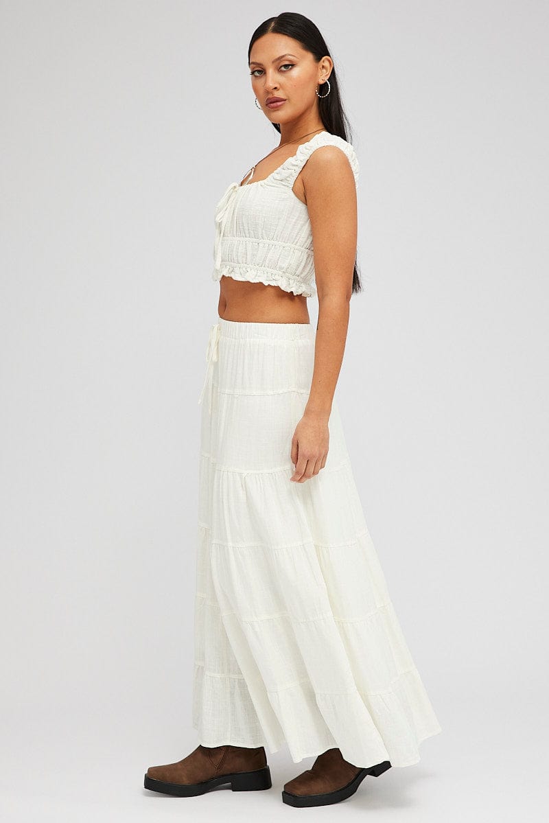 White Maxi Skirt Tiered High Rise Linen Blend | Ally Fashion