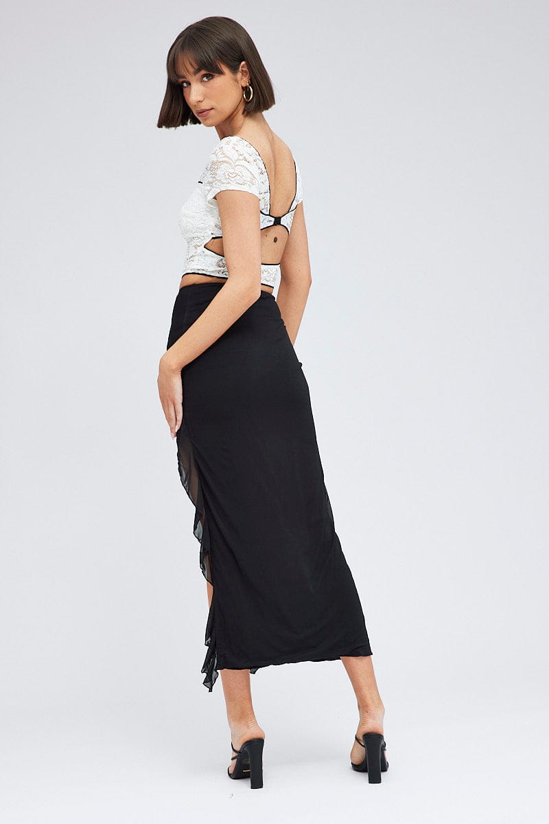 Black Maxi Skirt Front Split Mesh for Ally Fashion