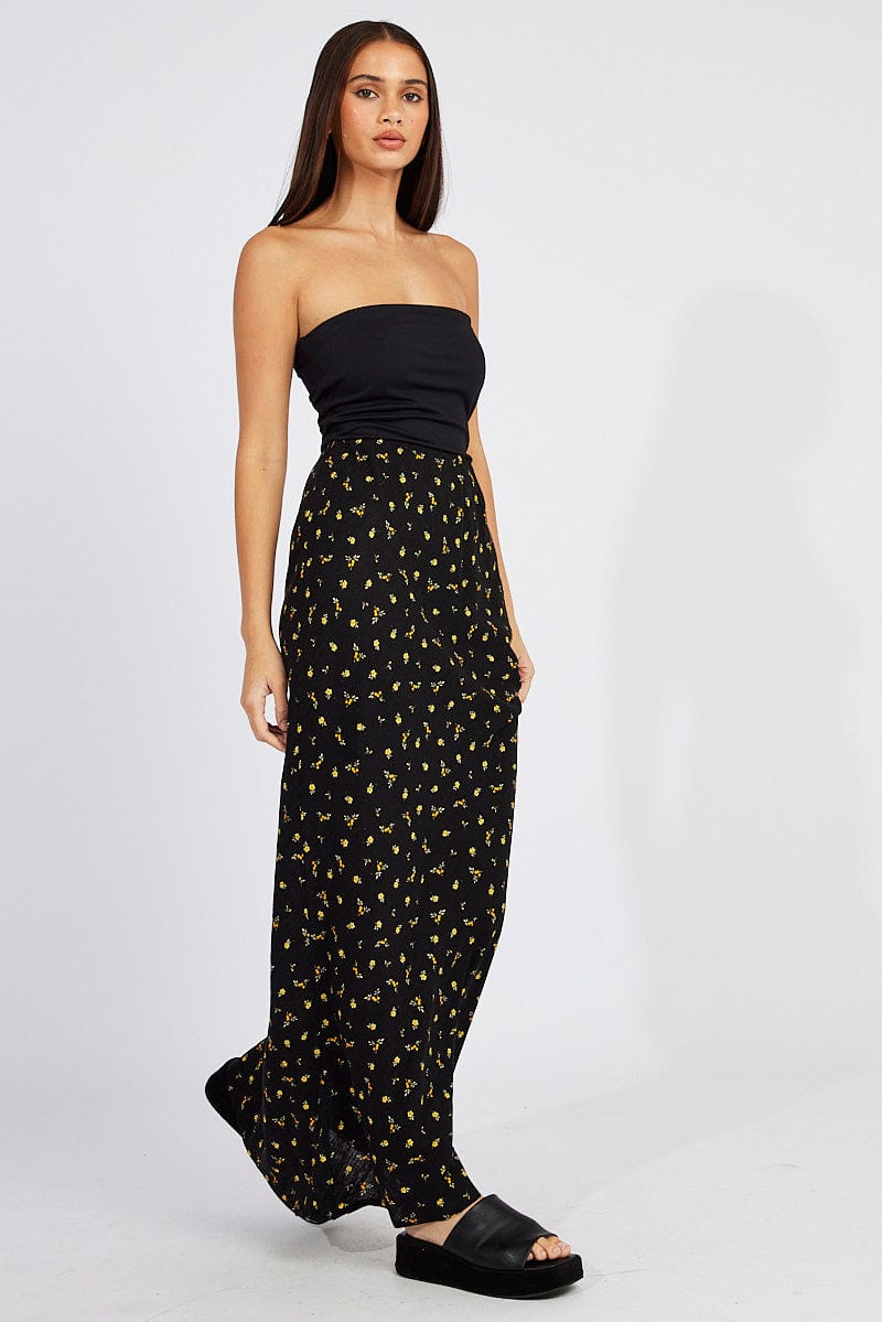 Black Floral Slip Skirt Maxi Linen Blend for Ally Fashion