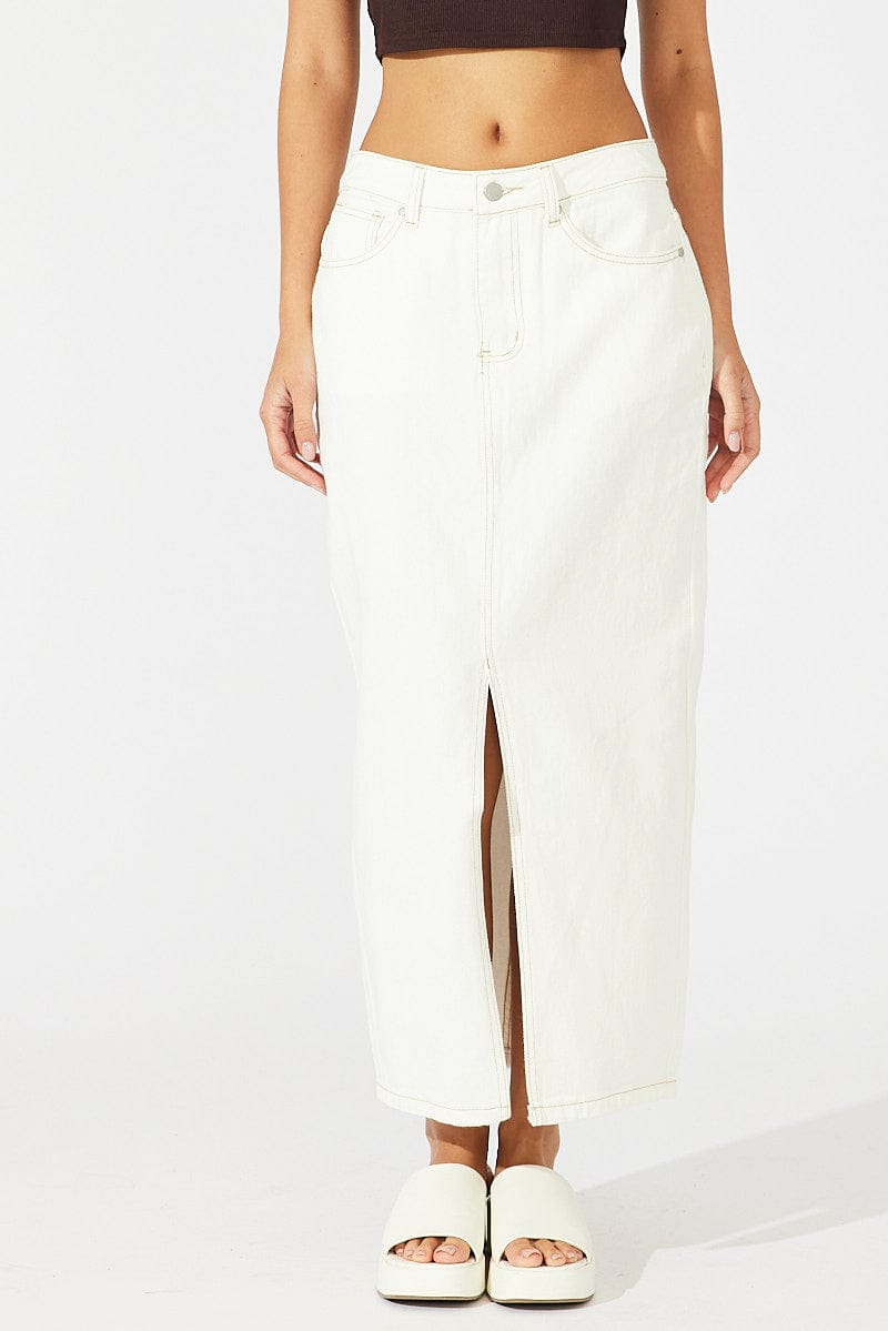 White Denim Skirt Maxi Front Split for Ally Fashion