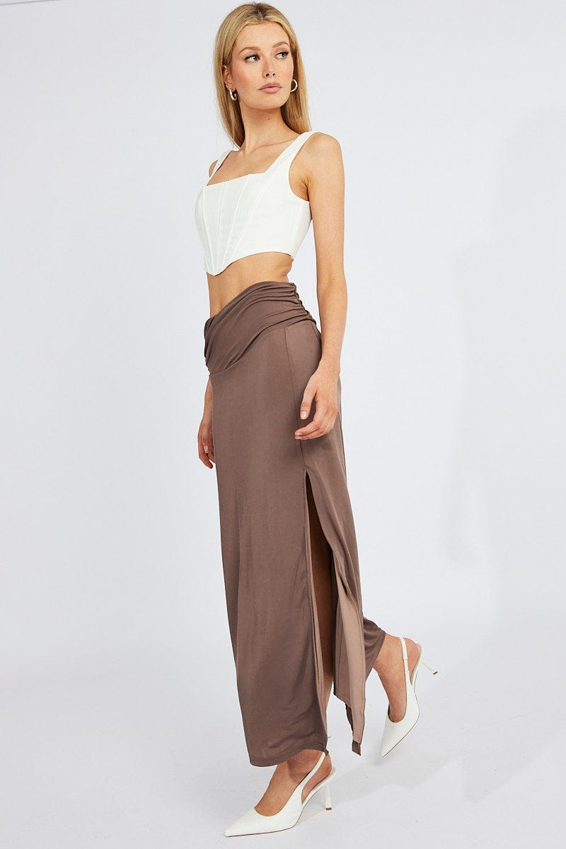 Brown Maxi Skirt Asymmetric Hem for Ally Fashion