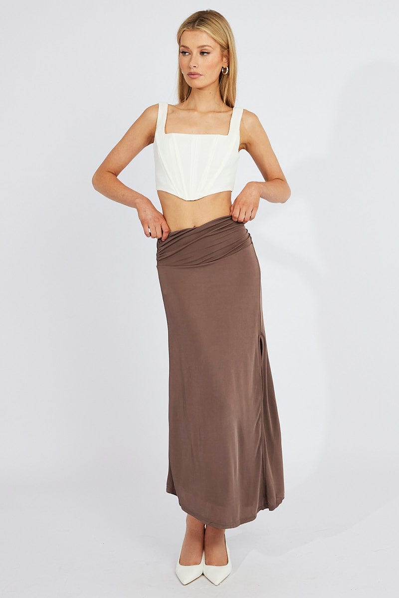 Brown Maxi Skirt Asymmetric Hem for Ally Fashion