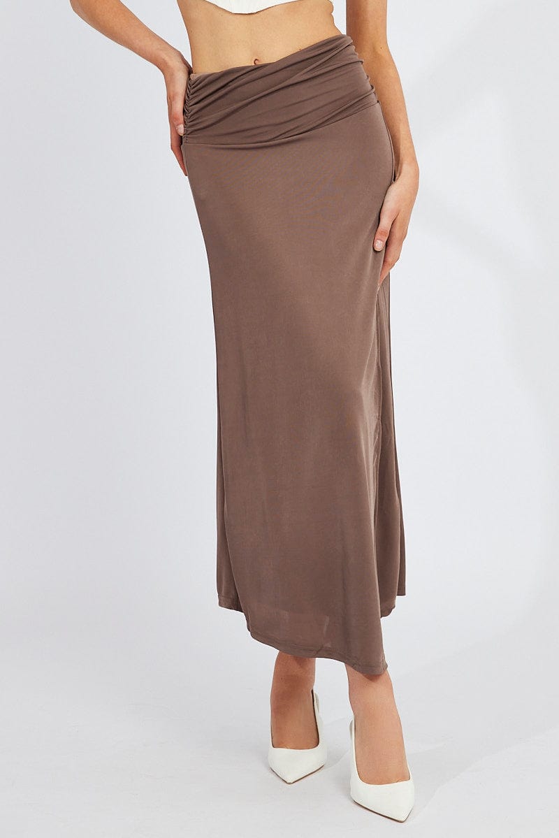 Brown Maxi Skirt Asymmetric Hem for Ally Fashion