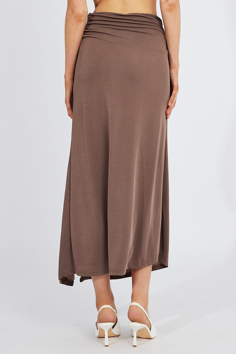 Brown Maxi Skirt Asymmetric Hem for Ally Fashion