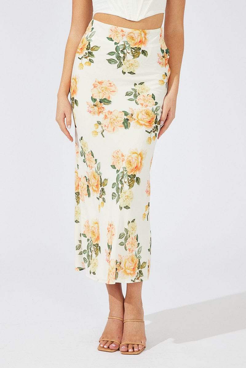 Yellow Floral Maxi Skirt Slim Fit High Rise for Ally Fashion