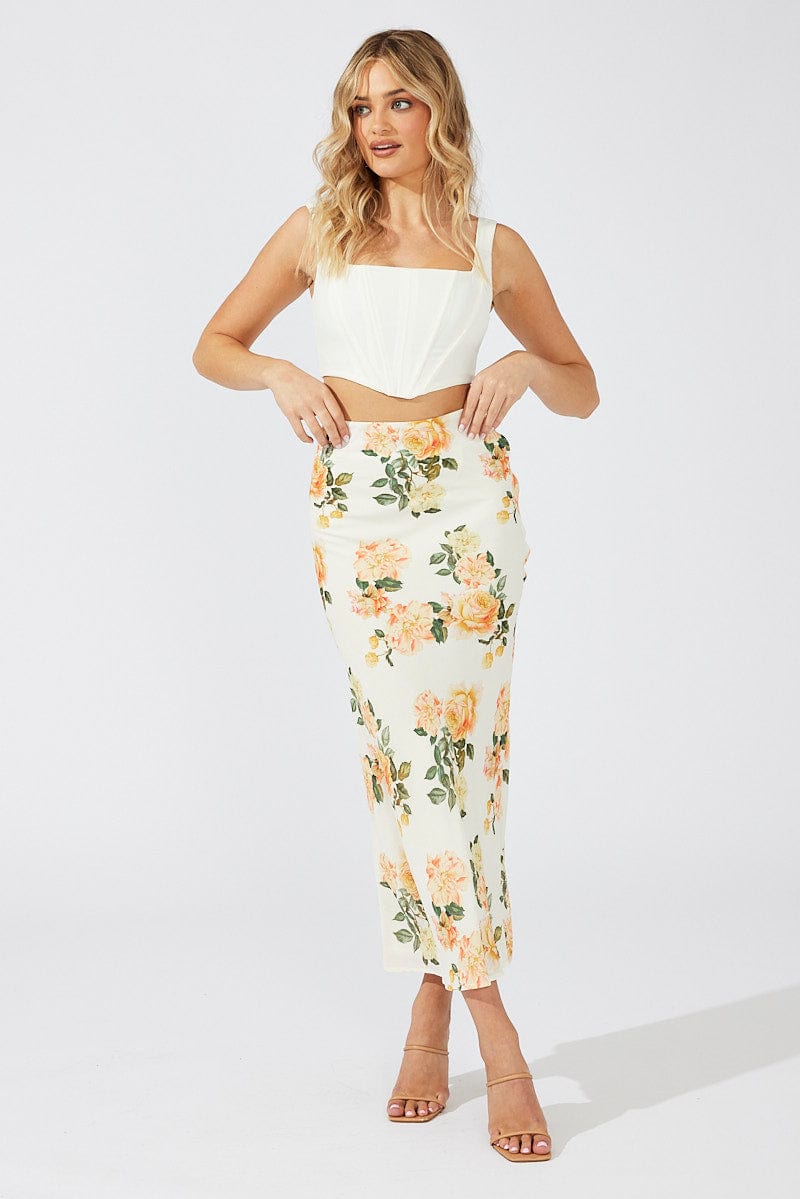 Yellow Floral Maxi Skirt Slim Fit High Rise for Ally Fashion