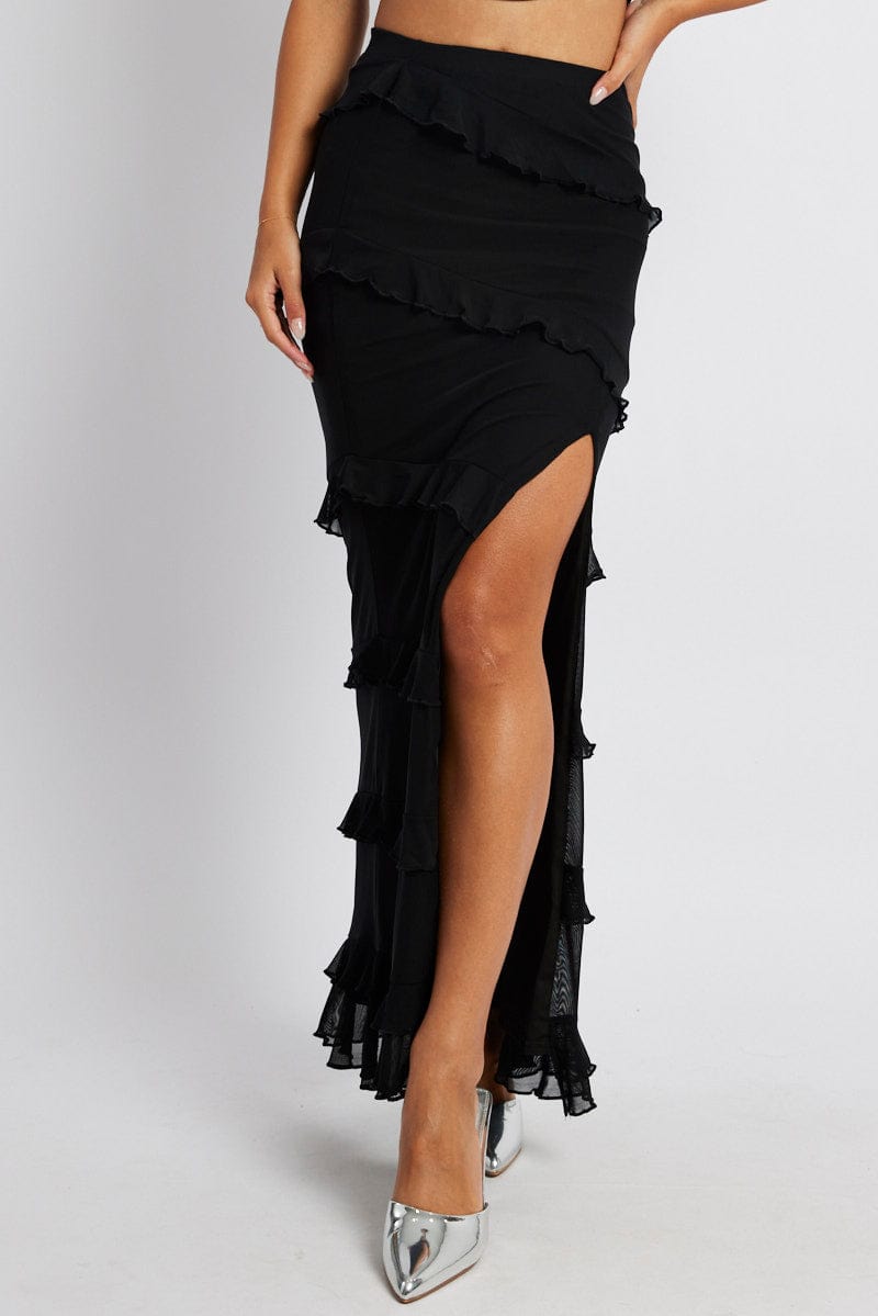 Black Maxi Skirt Mesh Frilled Mesh for Ally Fashion