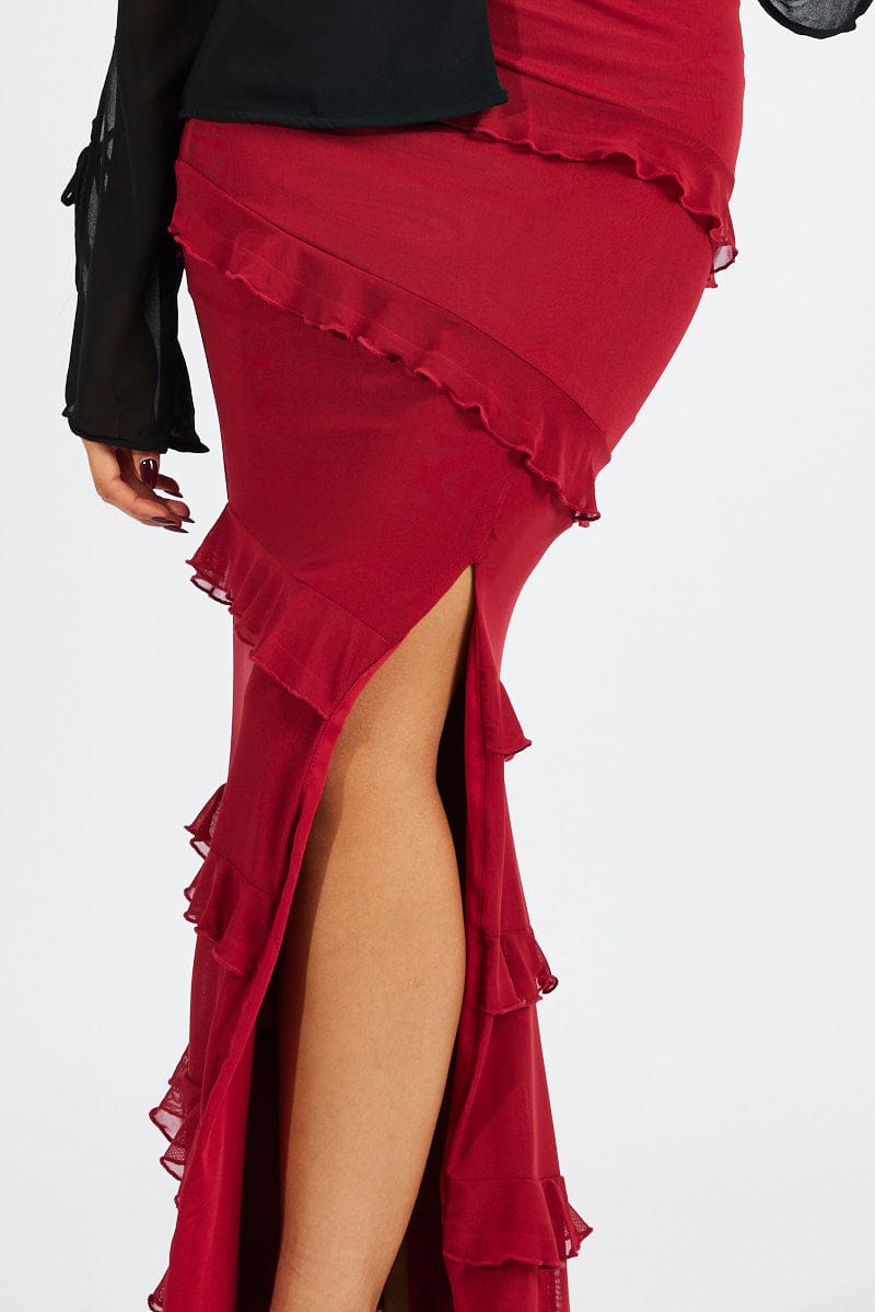 Red Floral Maxi Skirt Mesh Frilled Mesh for Ally Fashion
