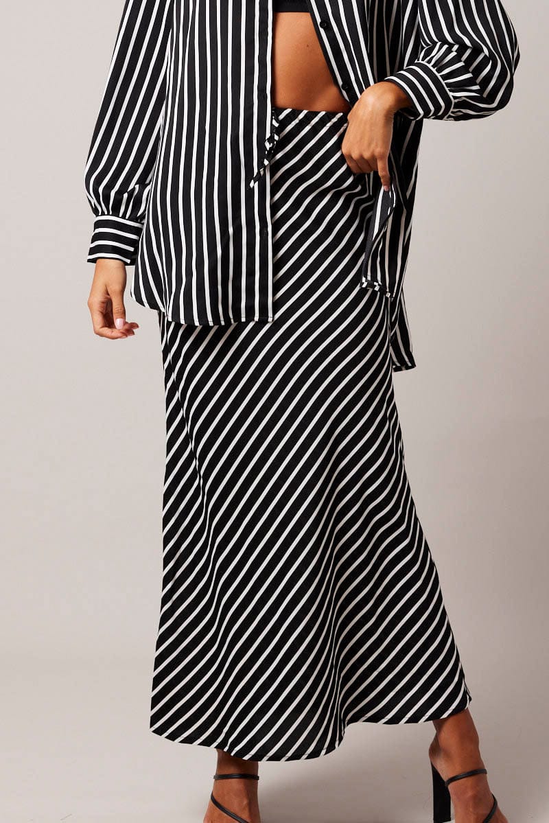 Black Stripe Slip Skirt Maxi Drawstring Waist for Ally Fashion