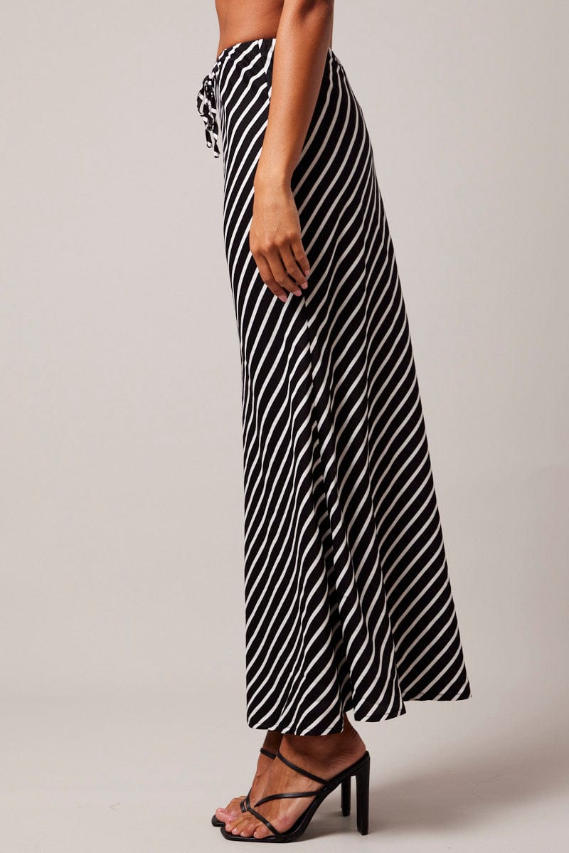 Black Stripe Slip Skirt Maxi Drawstring Waist for Ally Fashion