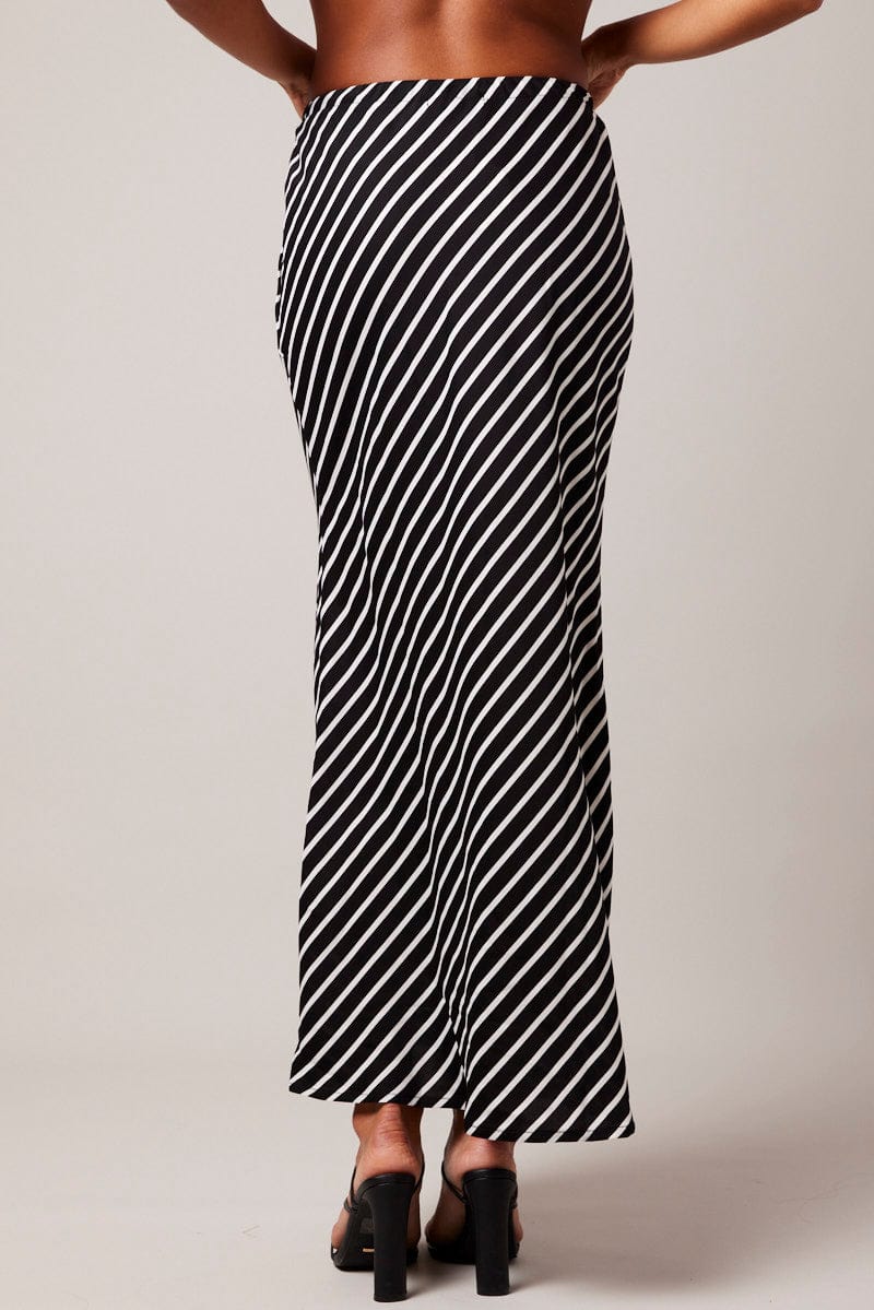 Black Stripe Slip Skirt Maxi Drawstring Waist for Ally Fashion