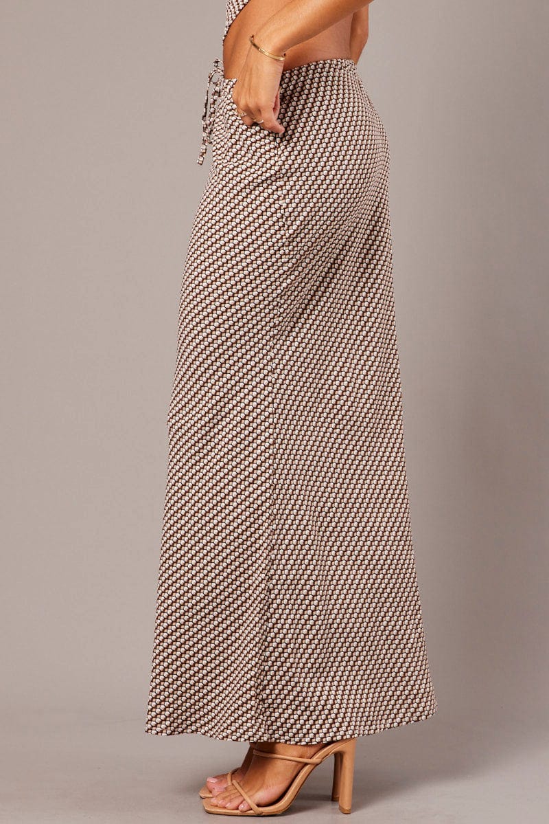 Brown Geo Slip Skirt Maxi Drawstring Waist for Ally Fashion