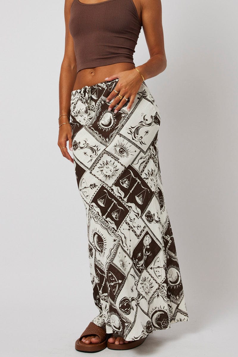 Brown Abstract Slip Skirt Maxi Linen Blend for Ally Fashion