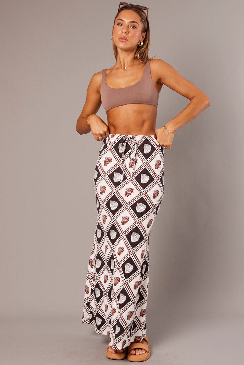 Brown Abstract Slip Skirt Maxi Linen Blend for Ally Fashion