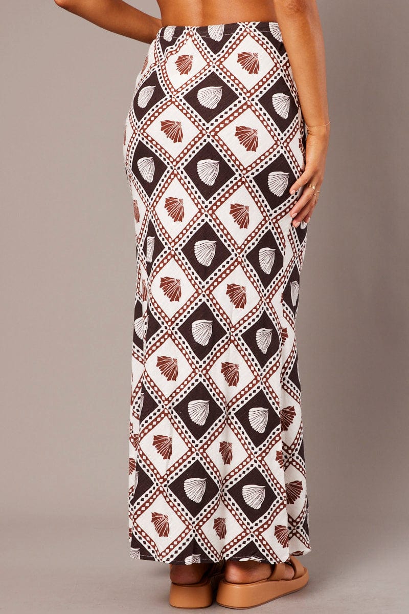Brown Abstract Slip Skirt Maxi Linen Blend for Ally Fashion