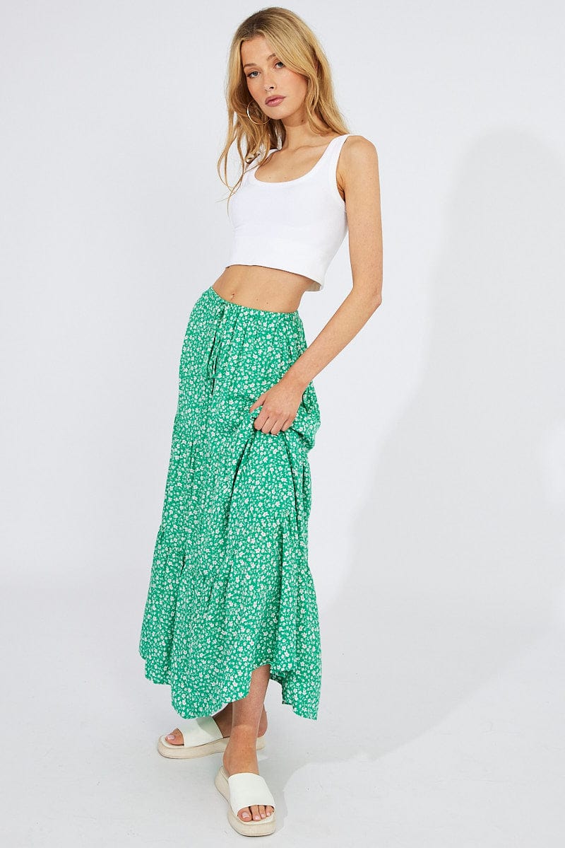 Green Ditsy Maxi Skirt High Rise for Ally Fashion