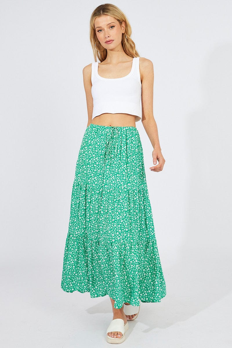 Green Ditsy Maxi Skirt High Rise | Ally Fashion