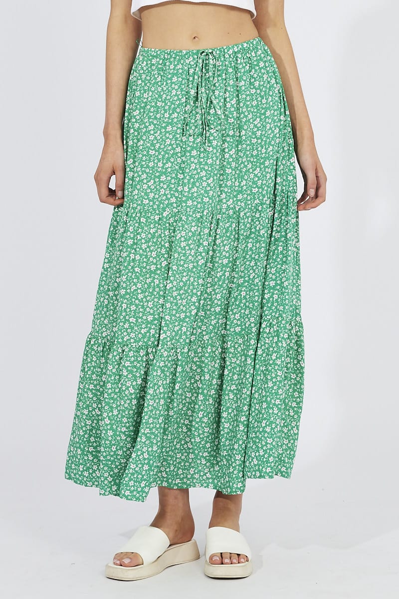 Green Ditsy Maxi Skirt High Rise for Ally Fashion