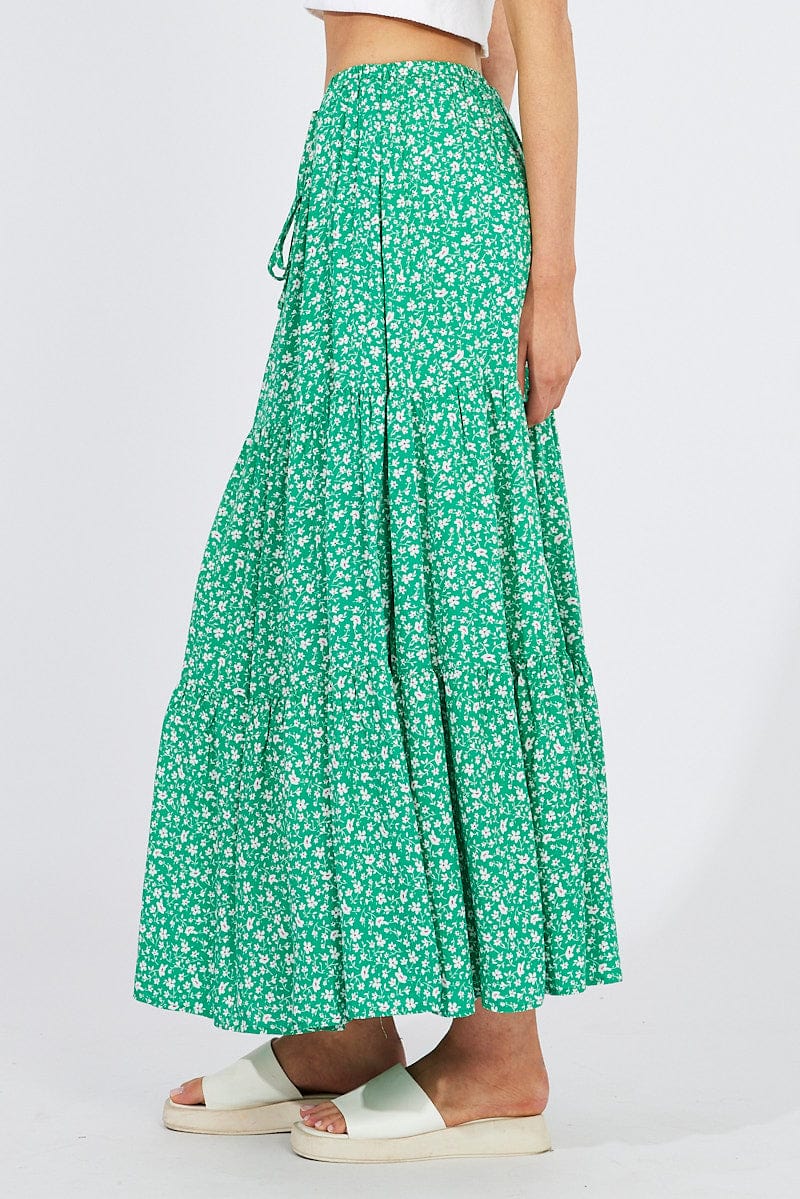 Green Ditsy Maxi Skirt High Rise for Ally Fashion