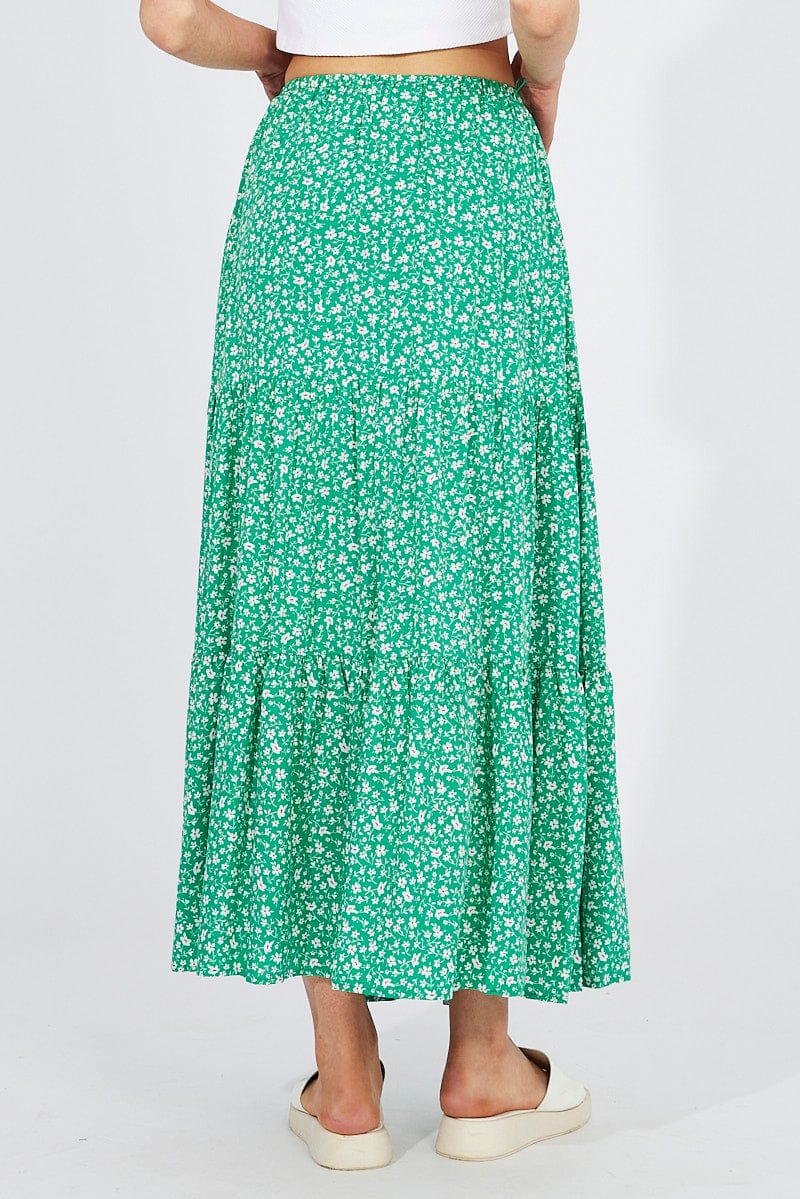 Green Ditsy Maxi Skirt High Rise for Ally Fashion