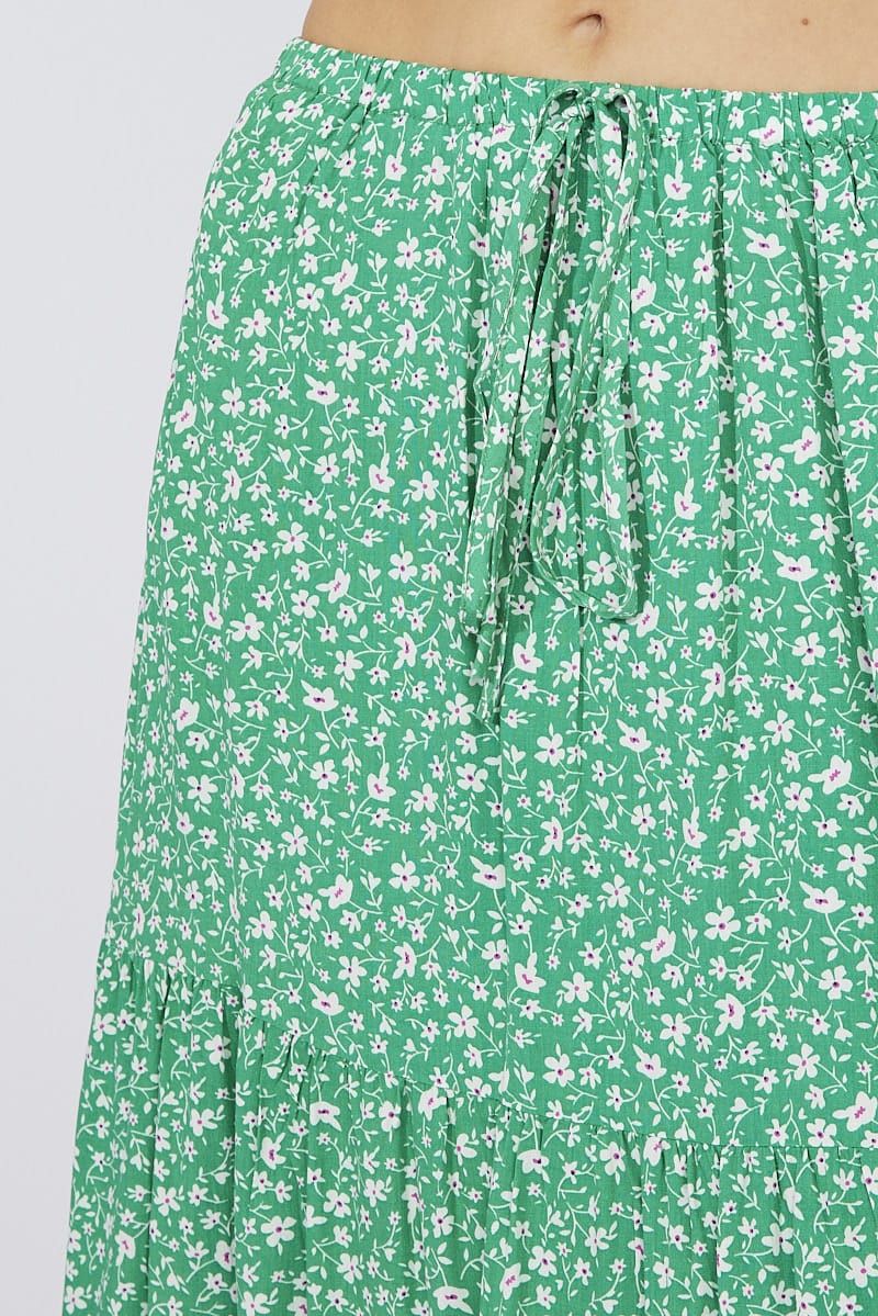 Green Ditsy Maxi Skirt High Rise for Ally Fashion