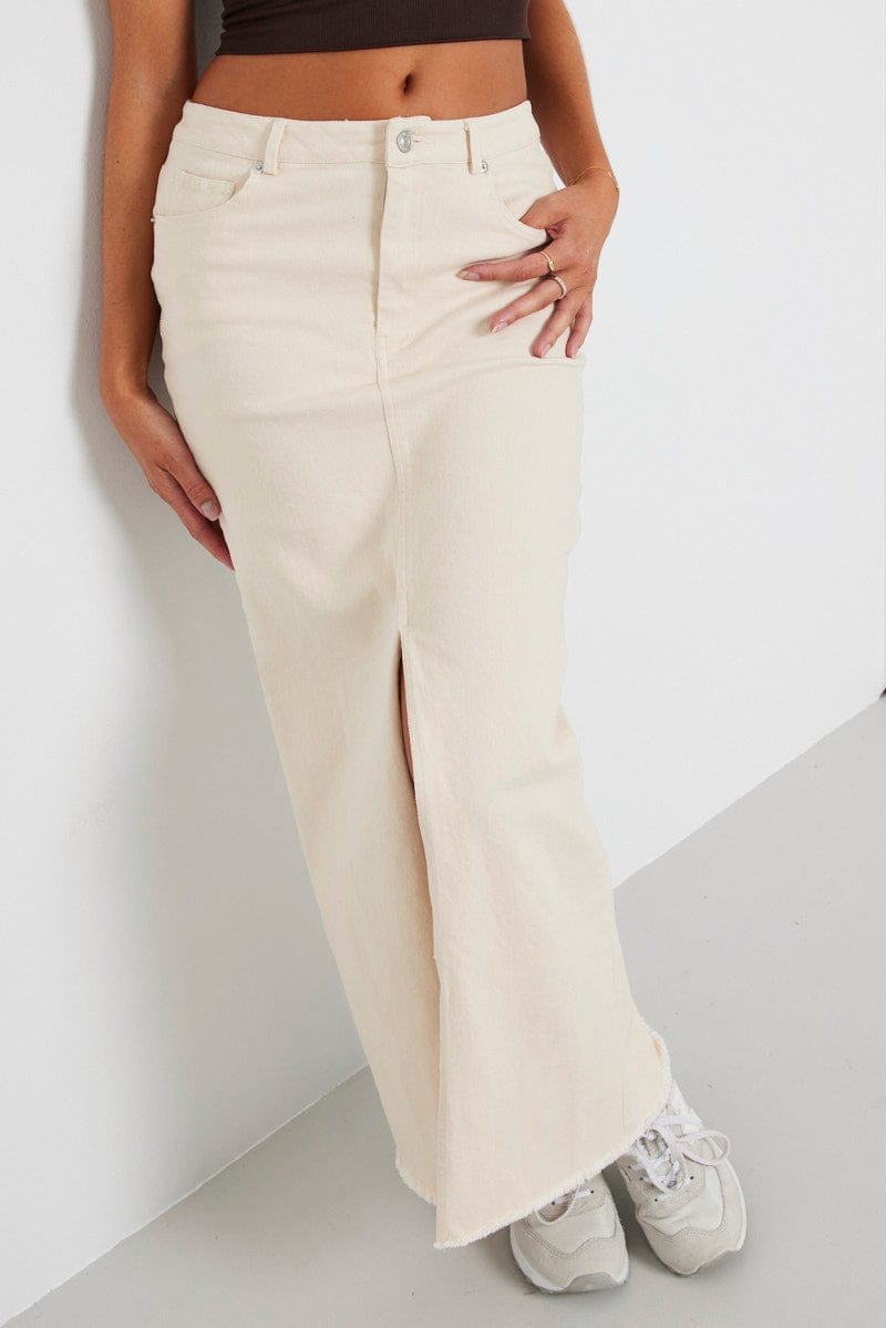 Beige Denim Skirt Maxi Front Split for Ally Fashion