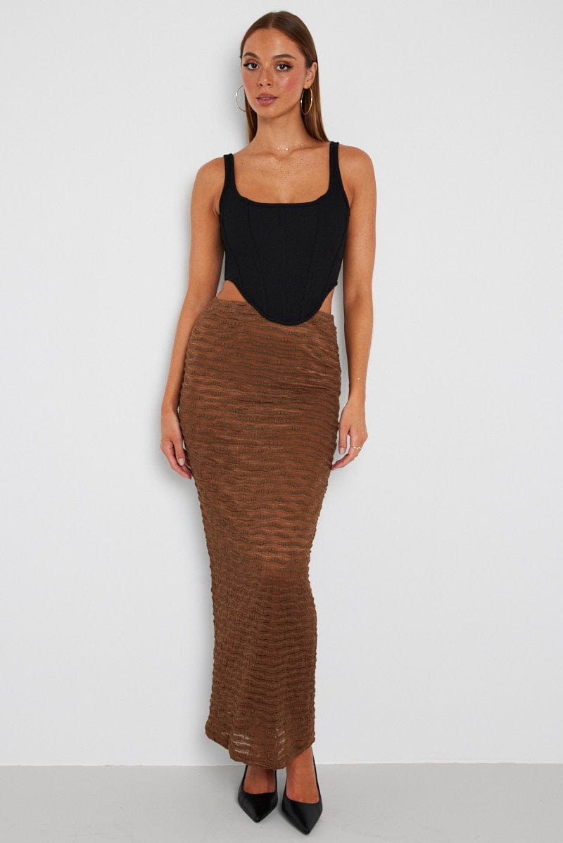 Brown Maxi Skirt High Rise Textured Fabric for Ally Fashion