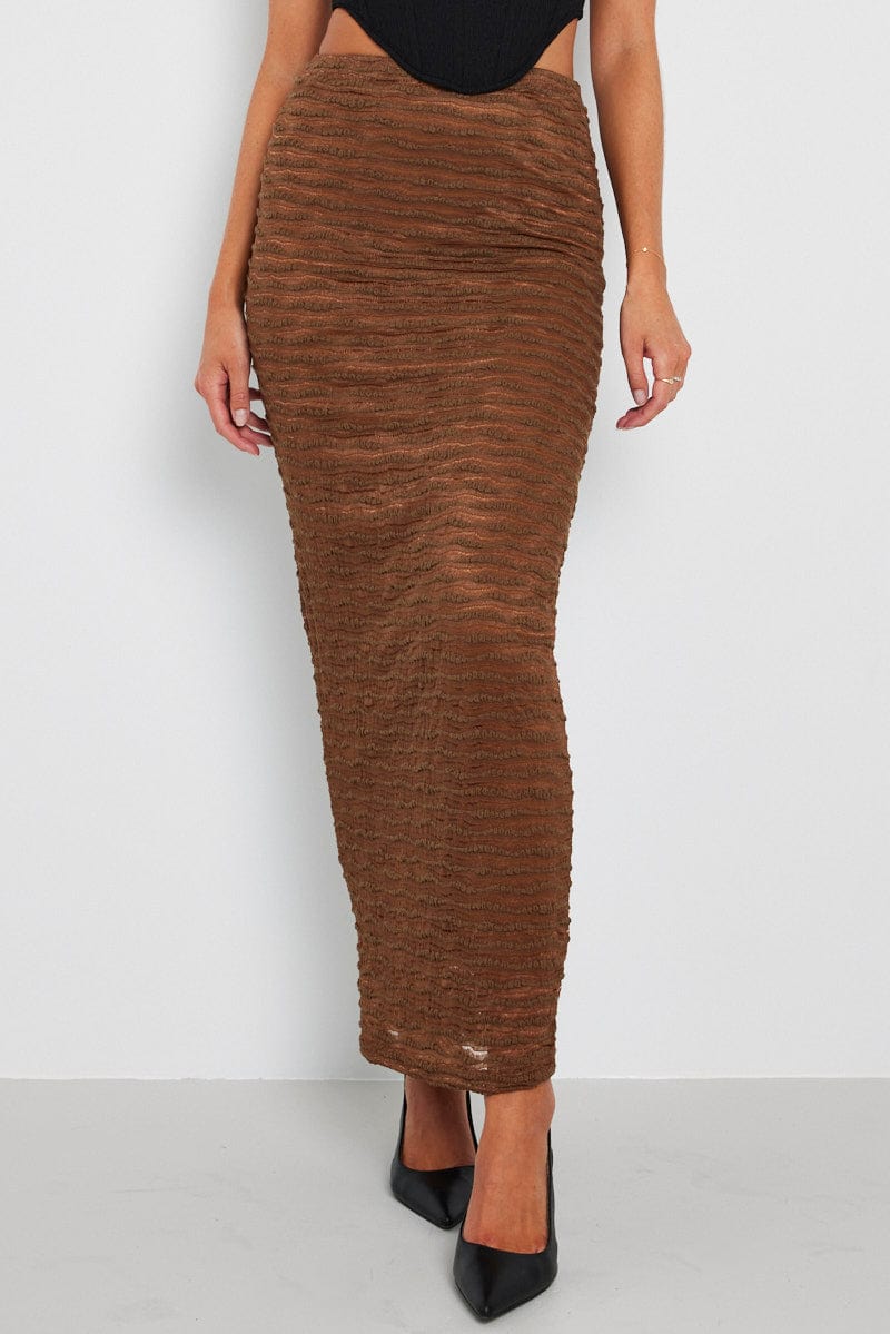 Brown Maxi Skirt High Rise Textured Fabric for Ally Fashion