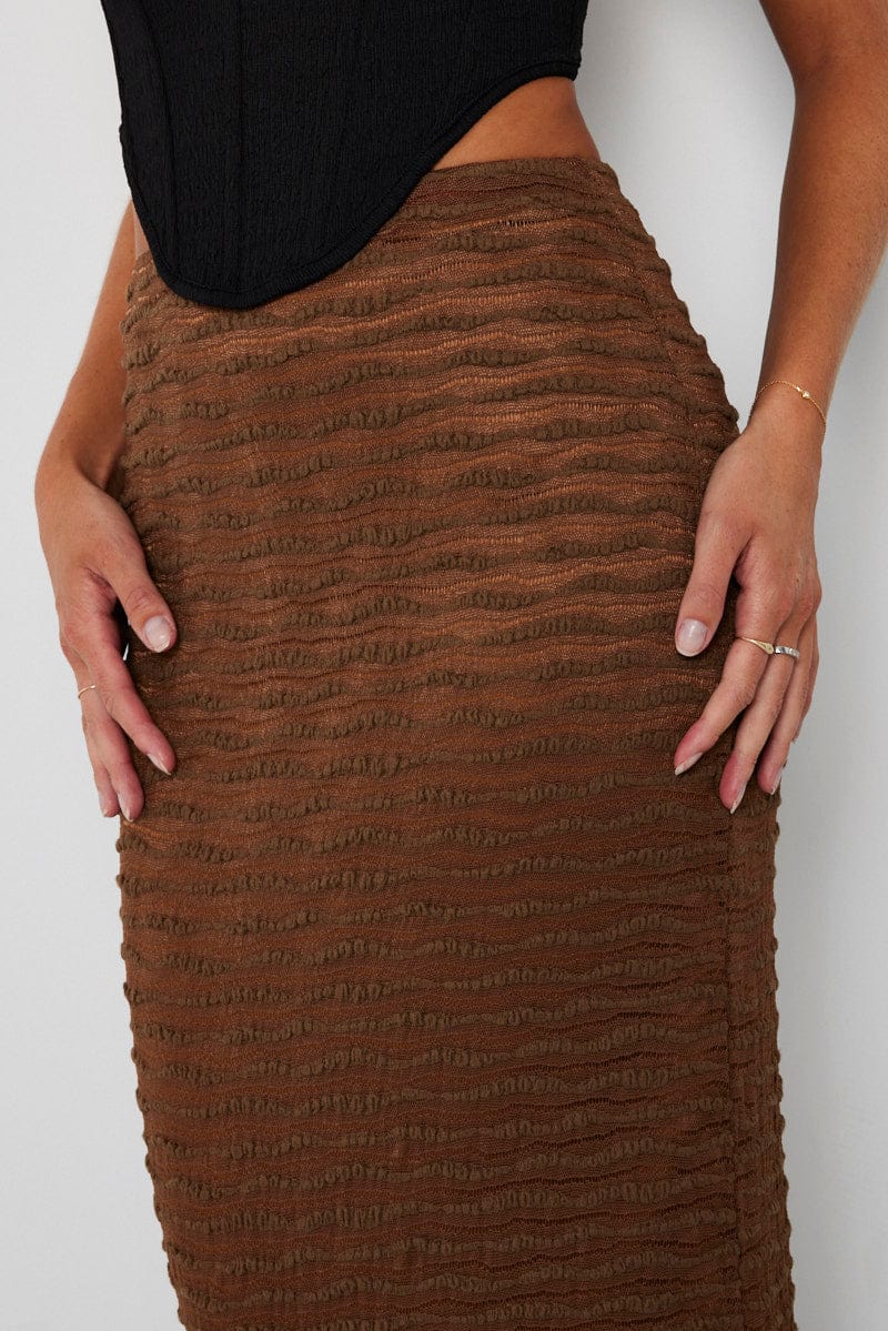 Brown Maxi Skirt High Rise Textured Fabric for Ally Fashion