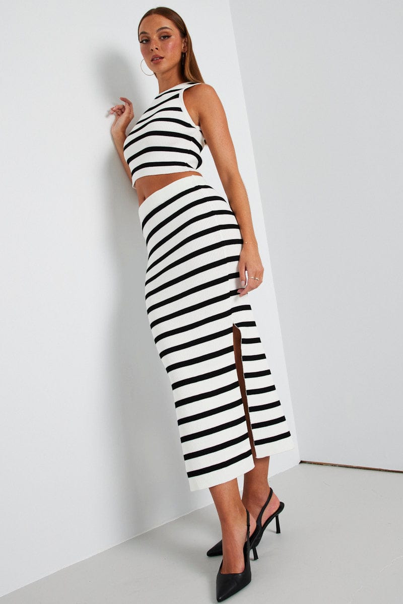 Black Stripe Knit Skirt High Rise Maxi for Ally Fashion