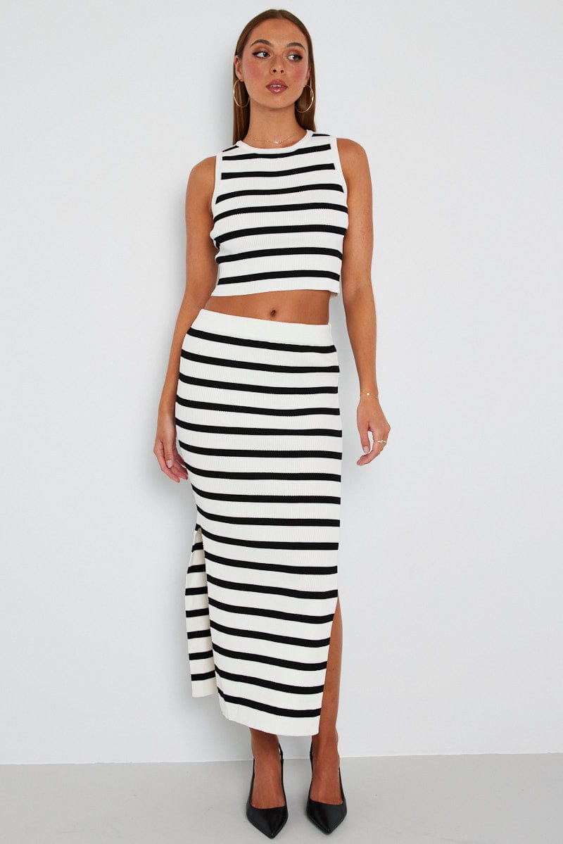 Black Stripe Knit Skirt High Rise Maxi Ally Fashion