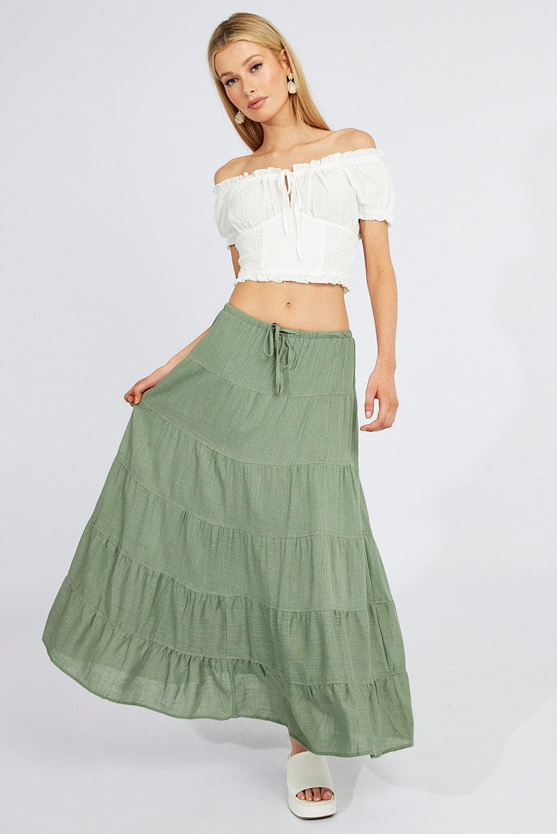 Green Maxi Skirt High Rise Linen Blend for Ally Fashion