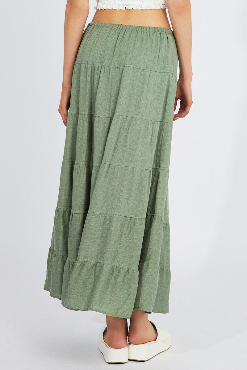 Green Maxi Skirt High Rise Linen Blend for Ally Fashion