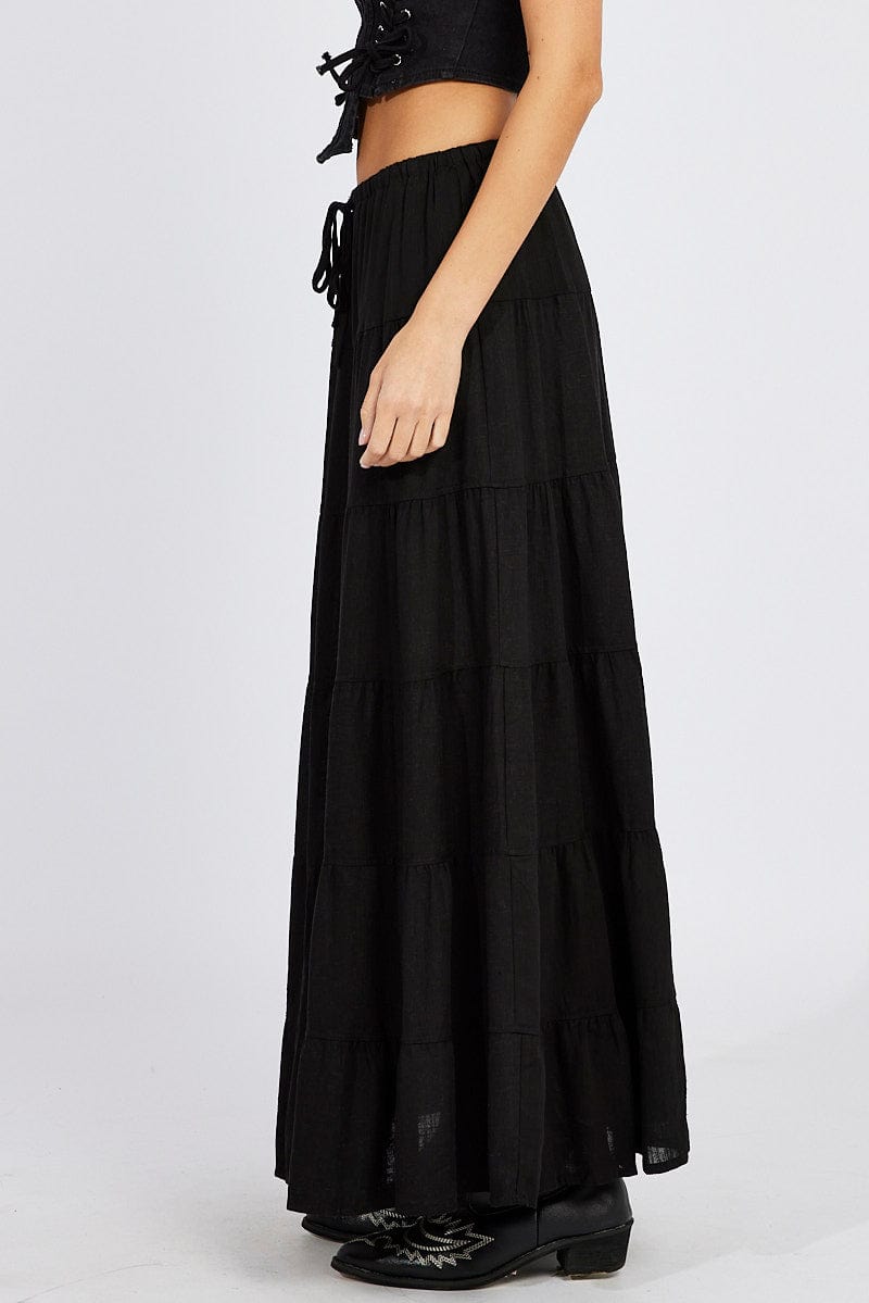 Black Maxi Skirt Tiered High Rise Linen Blend for Ally Fashion