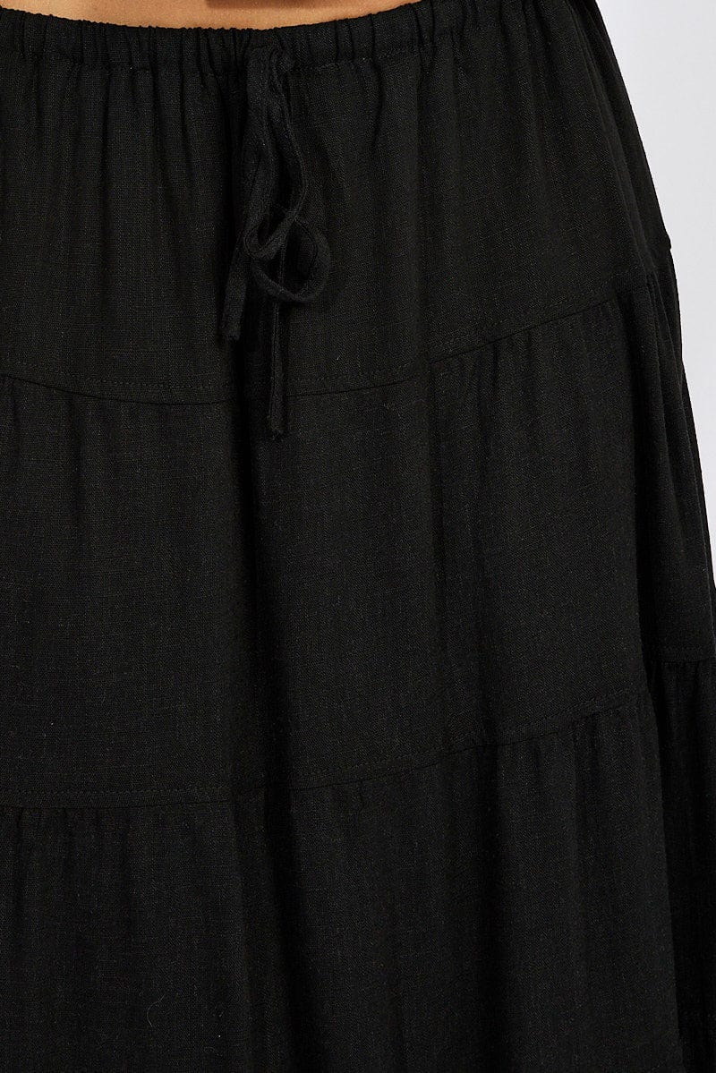 Black Maxi Skirt Tiered High Rise Linen Blend for Ally Fashion