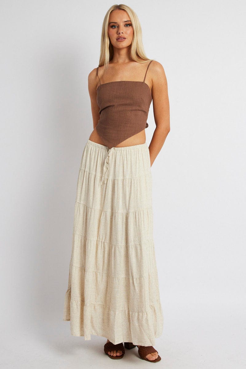 Beige Maxi Skirt Tiered High Rise Linen Blend for Ally Fashion