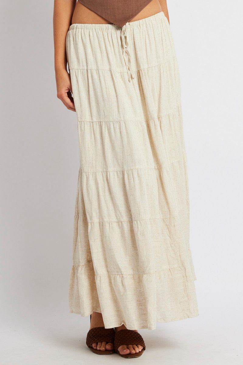 Beige Maxi Skirt Tiered High Rise Linen Blend for Ally Fashion