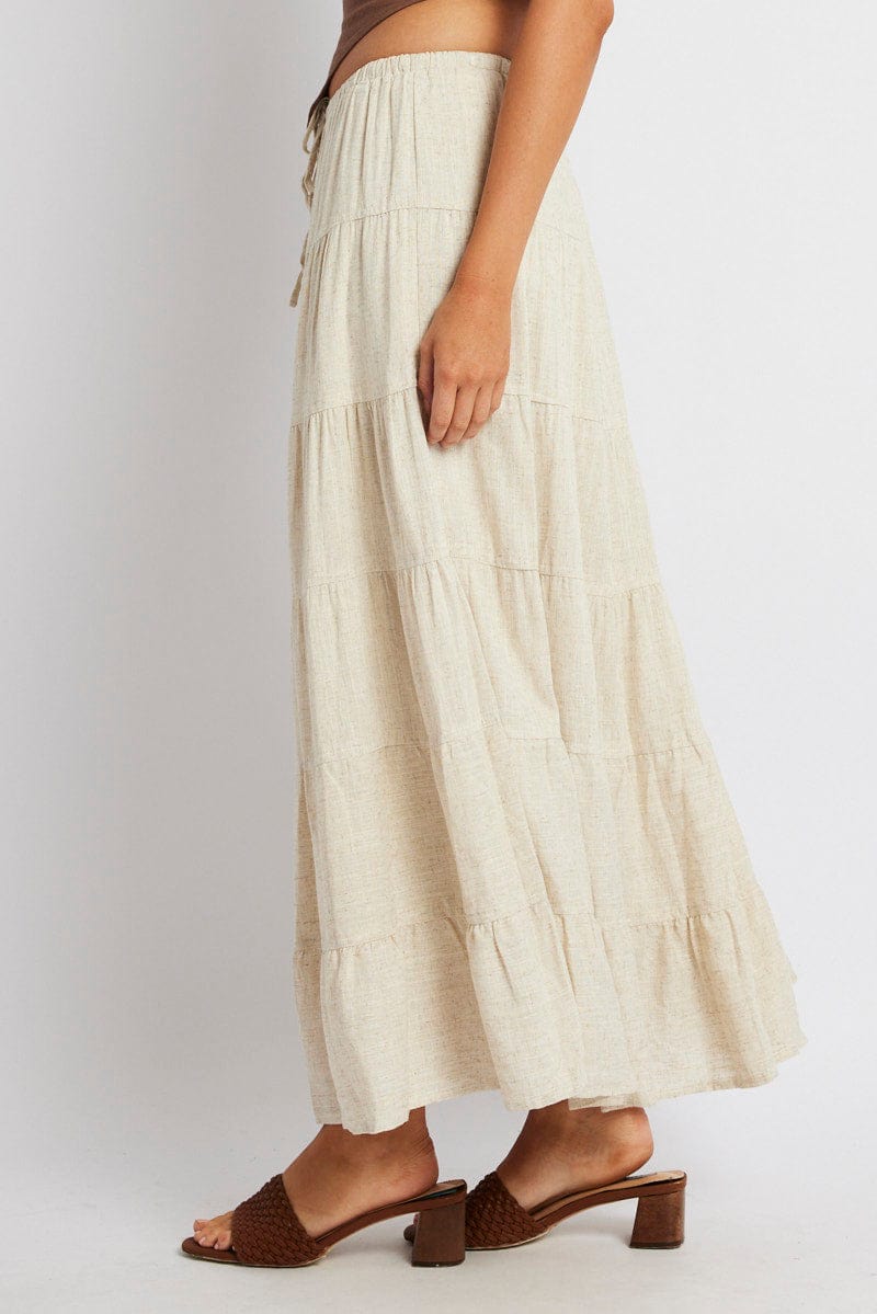 Beige Maxi Skirt Tiered High Rise Linen Blend for Ally Fashion