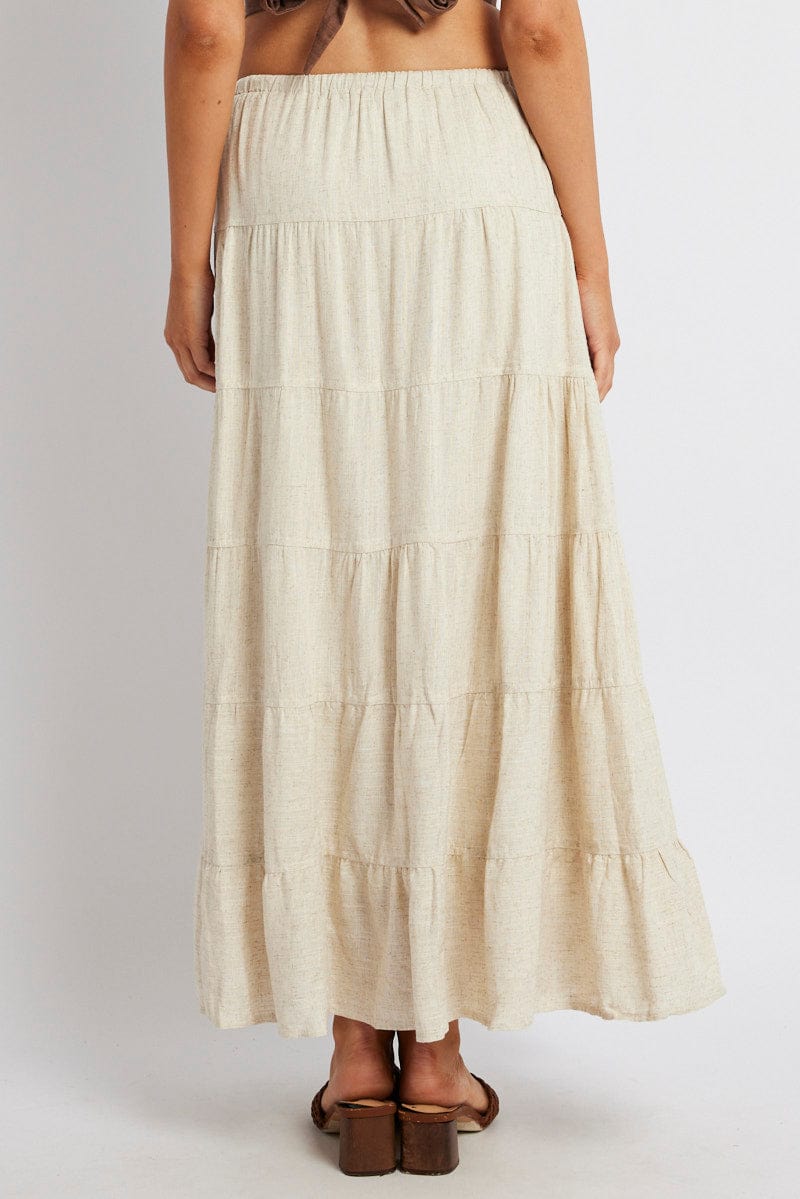 Beige Maxi Skirt Tiered High Rise Linen Blend for Ally Fashion