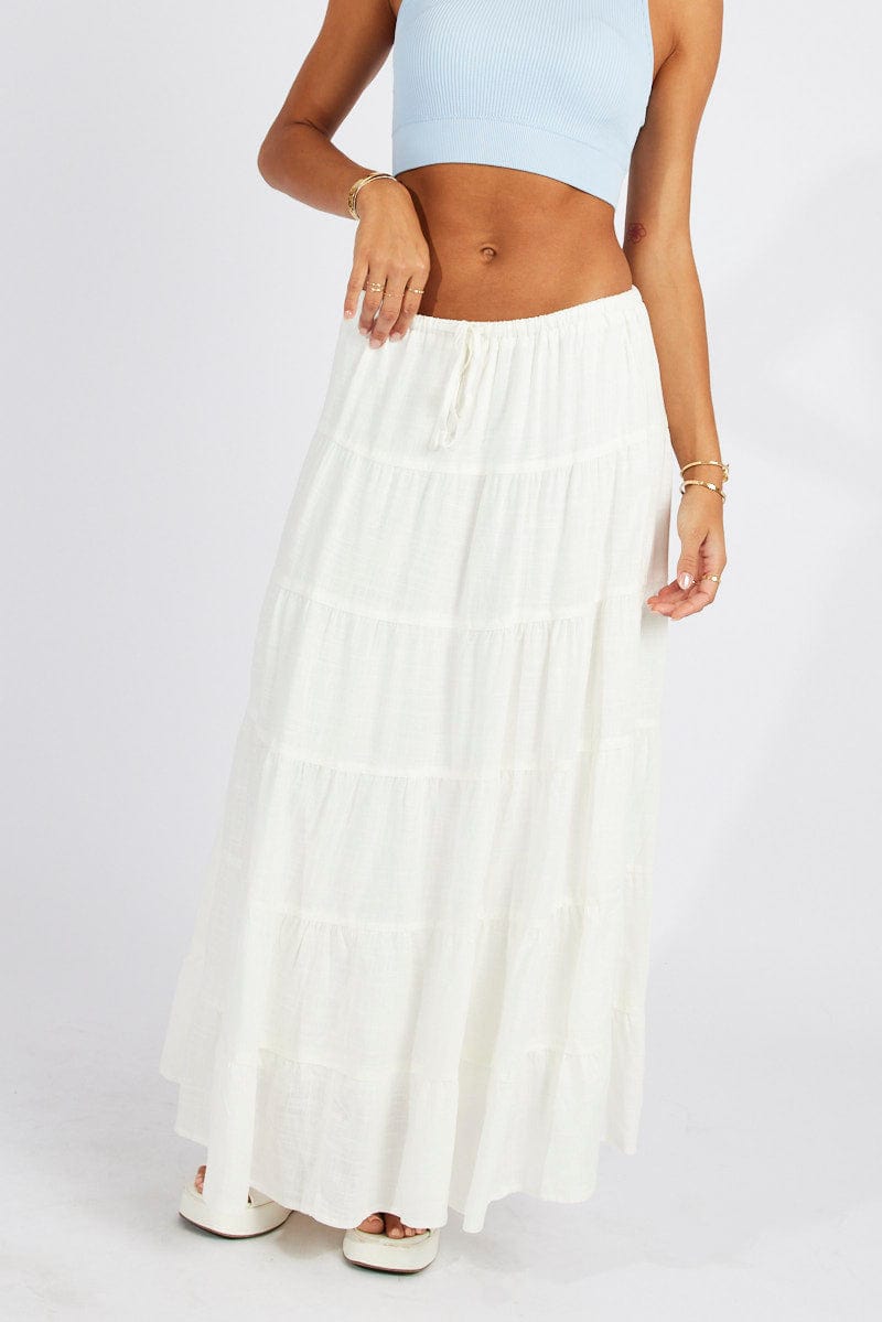 White Maxi Skirt Tiered High Rise Linen Blend for Ally Fashion